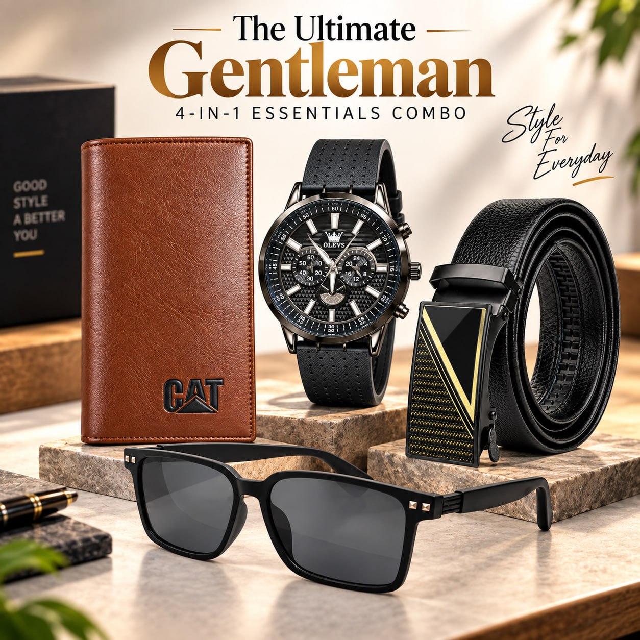 Men's 4-in-1 Gift Combo – Watch, Leather Wallet, Belt & Wayfarer Sunglasses