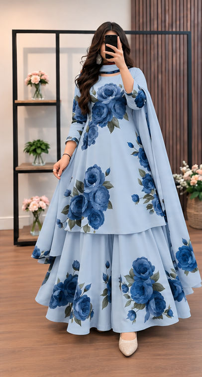 Micro Stitch Digital Print Three Piece for Women – Stylish Floral Dress