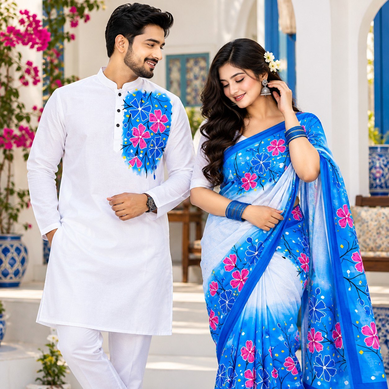 Hand-Painted Couple Set for Couples – Blue Floral Saree & Panjabi