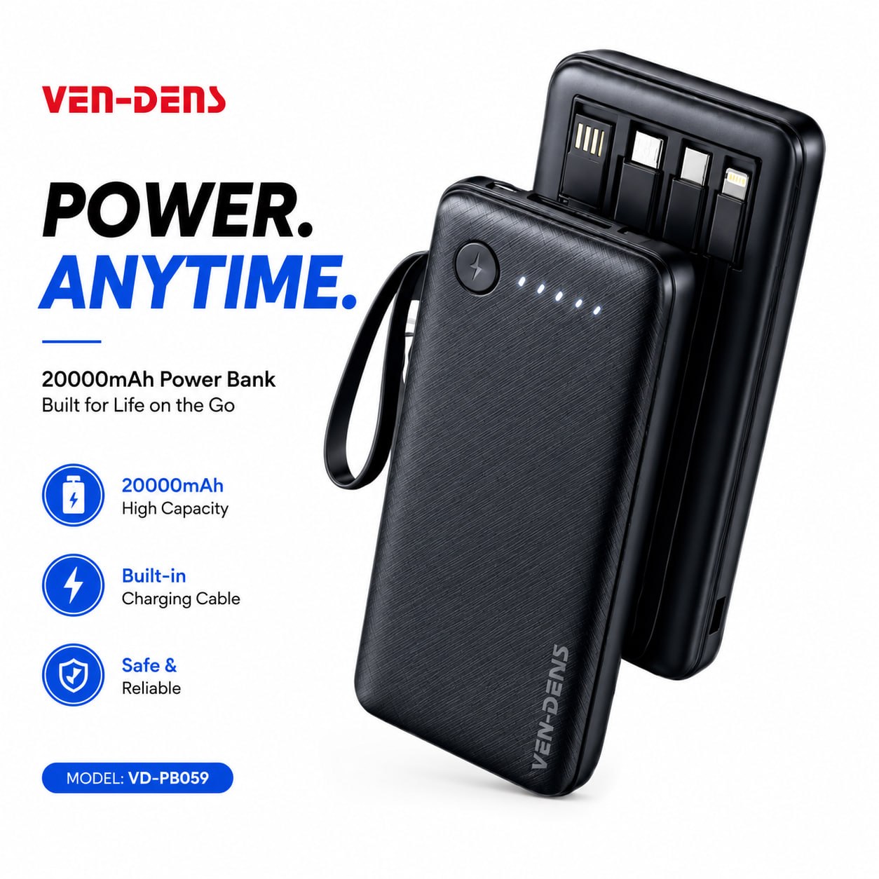 VEN-DENS 22.5W Fast Charging Power Bank with Built-in Charging Cable