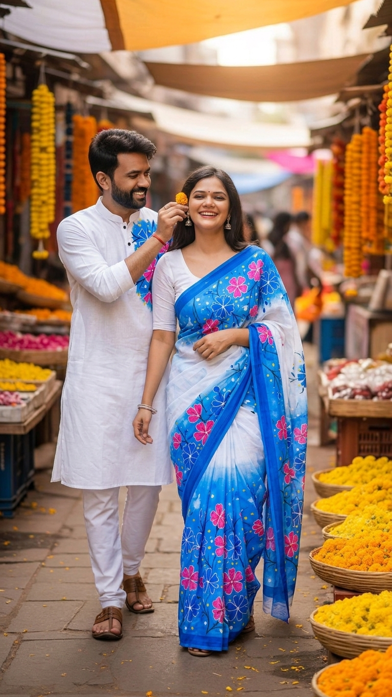 হ্যান্ড পেইন্টেড কাপল সেট: শাড়ি ও পাঞ্জাবির ম্যাচিং ডিজাইন