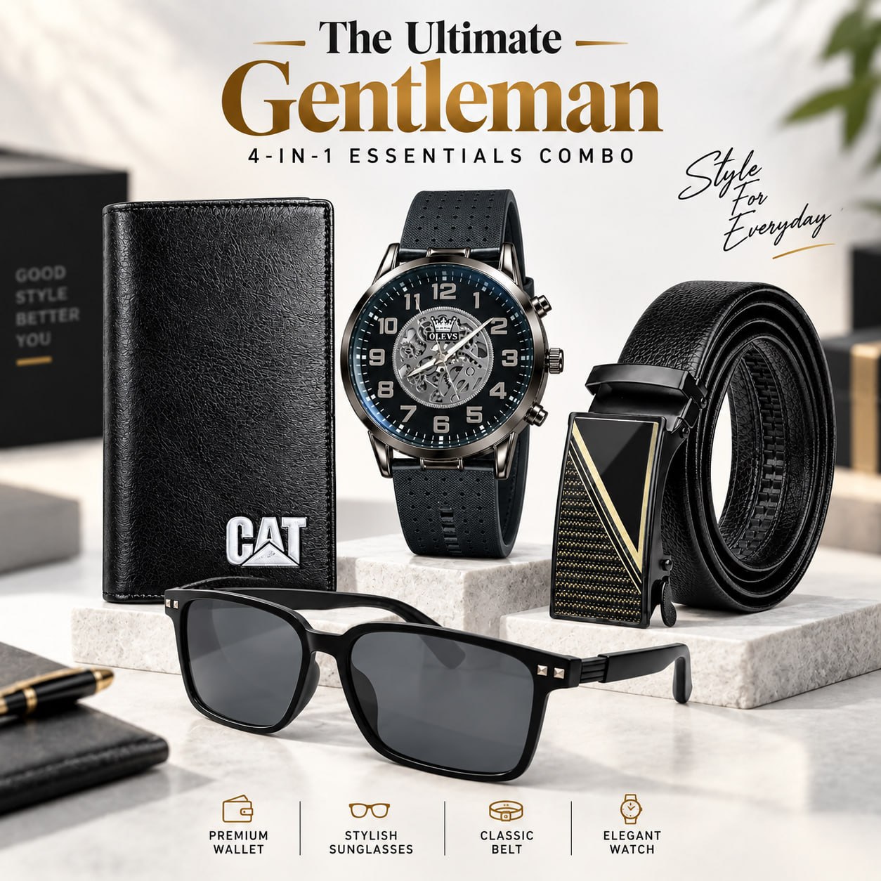 Men's 4-in-1 Gift Combo – Watch, Leather Wallet, Belt & Wayfarer Sunglasses