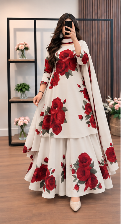 Micro Stitch Digital Print Three Piece for Women – Stylish Floral Dress
