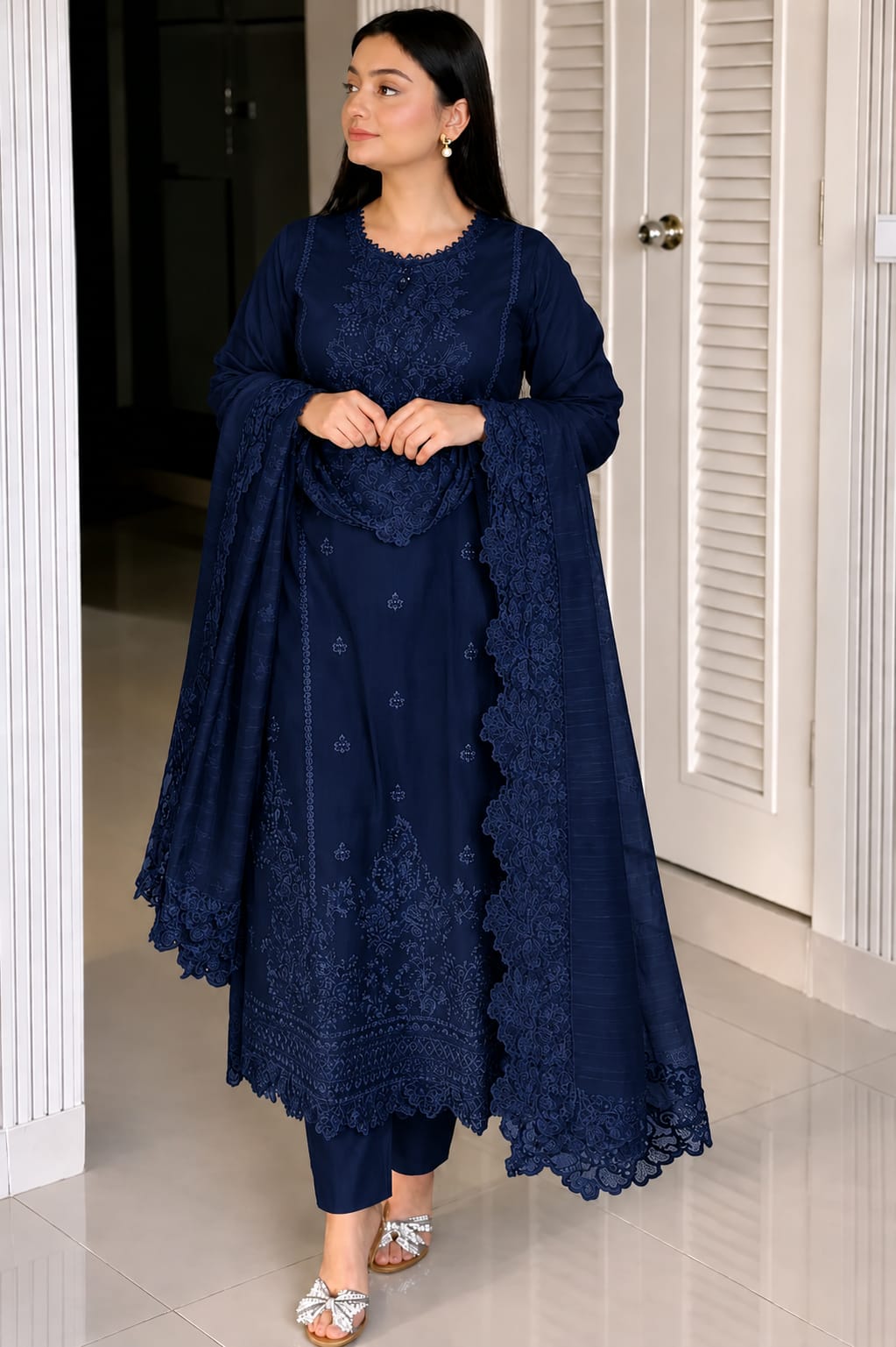 Embroidered Three Piece for Women – Elegant Cotton Salwar Kameez Set with Dupatta