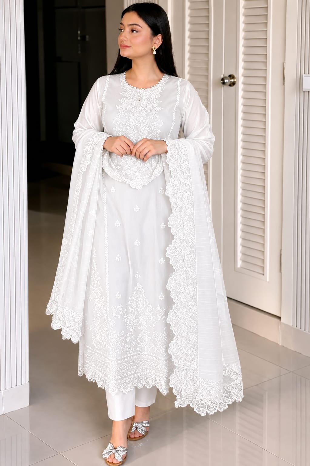 Embroidered Three Piece for Women – Elegant Cotton Salwar Kameez Set with Dupatta