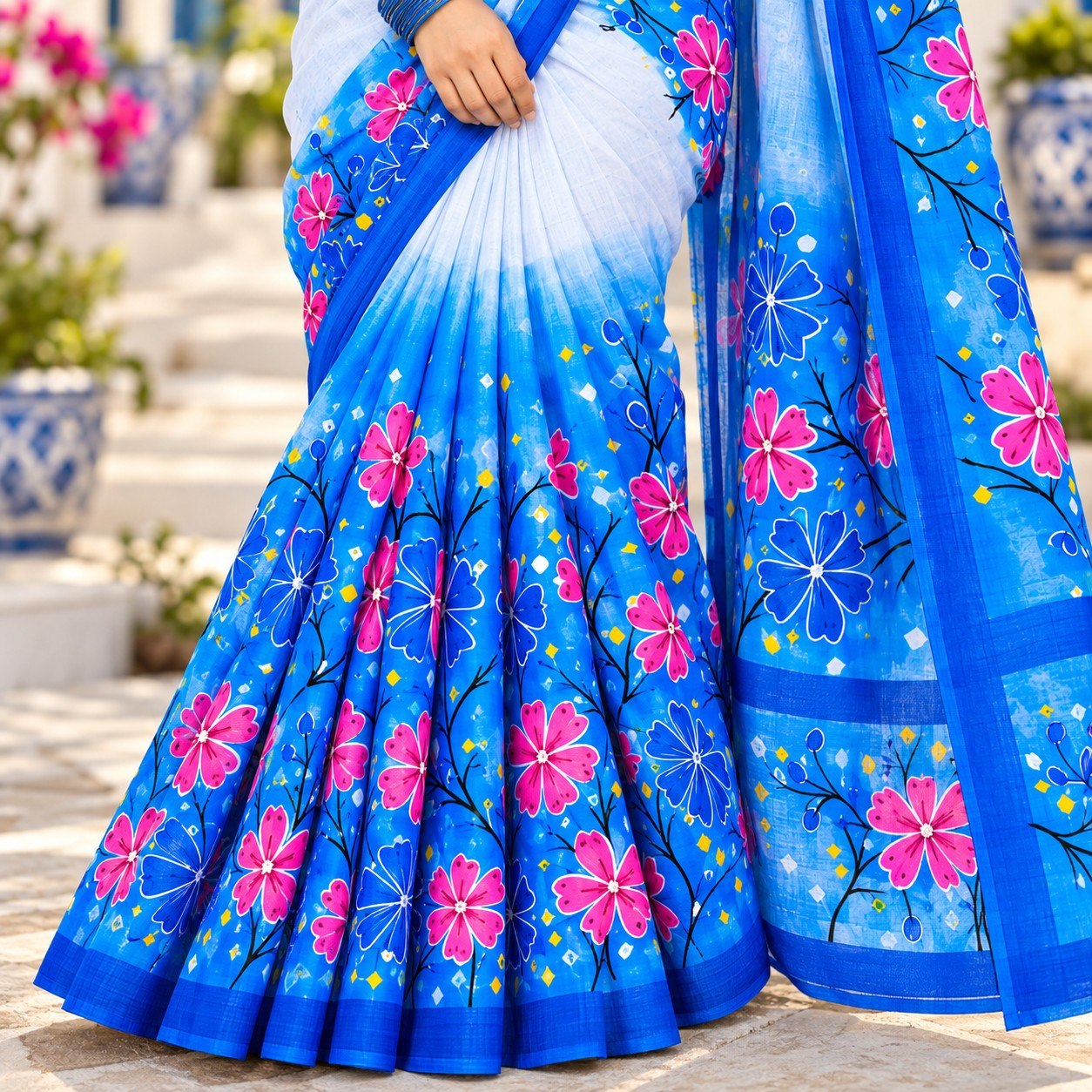 Hand-Painted Couple Set for Couples – Blue Floral Saree & Panjabi