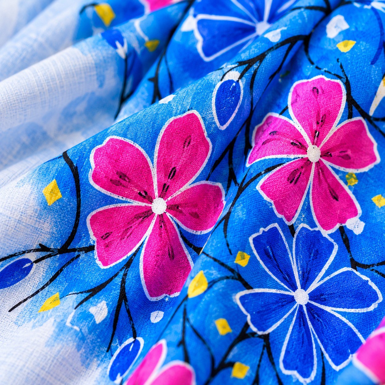 Hand-Painted Couple Set for Couples – Blue Floral Saree & Panjabi