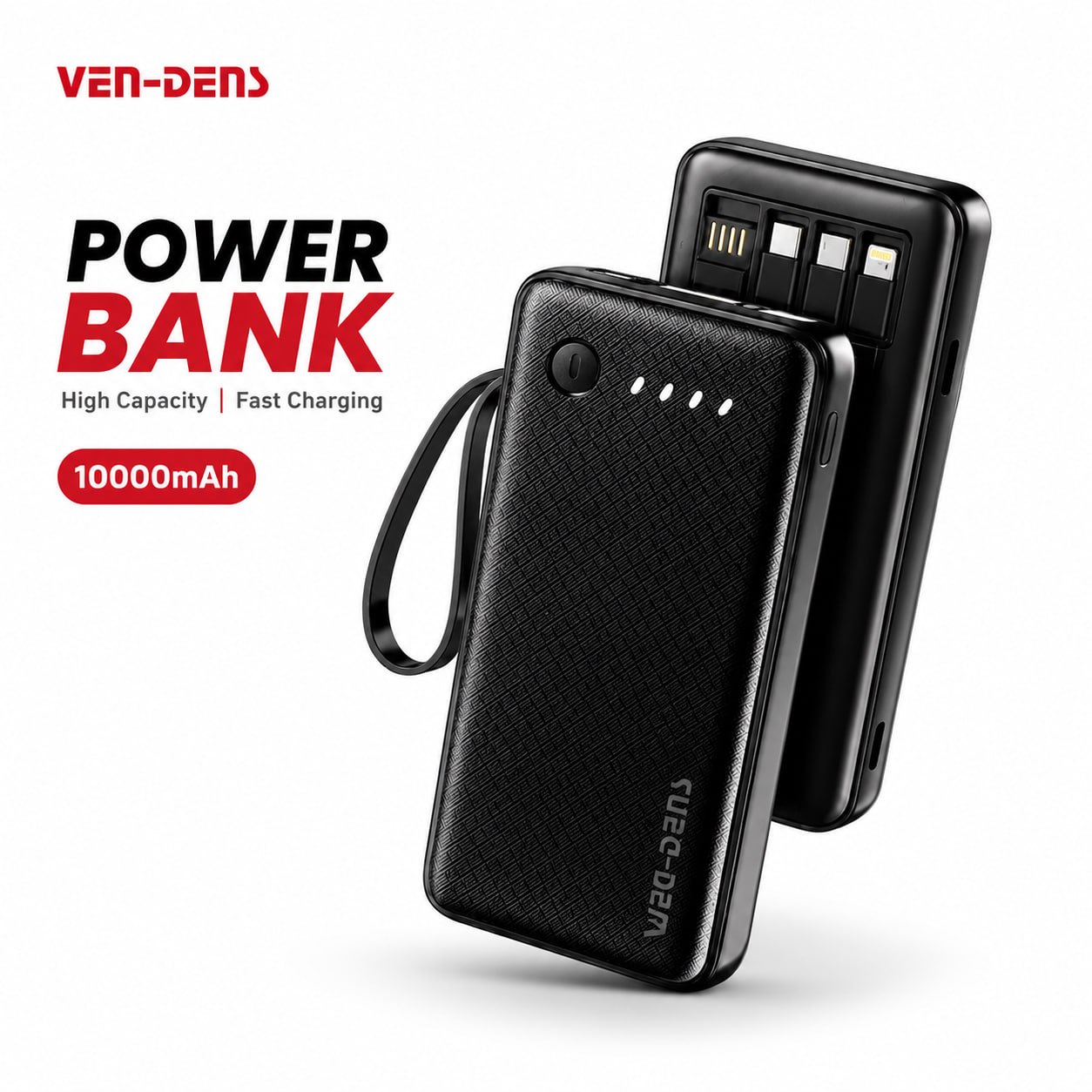 VEN-DENS 22.5W Fast Charging Power Bank with Built-in Charging Cable