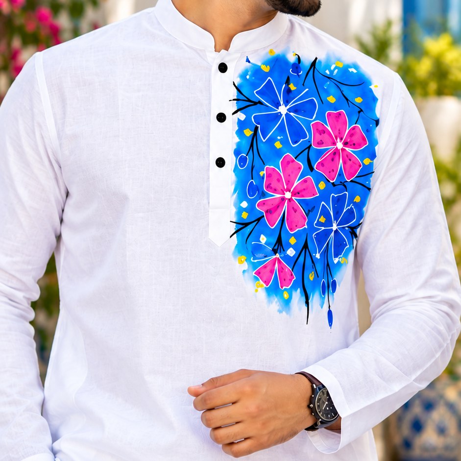 Hand-Painted Couple Set for Couples – Blue Floral Saree & Panjabi