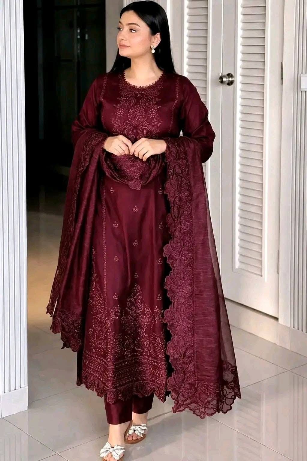 Embroidered Three Piece for Women – Elegant Cotton Salwar Kameez Set with Dupatta